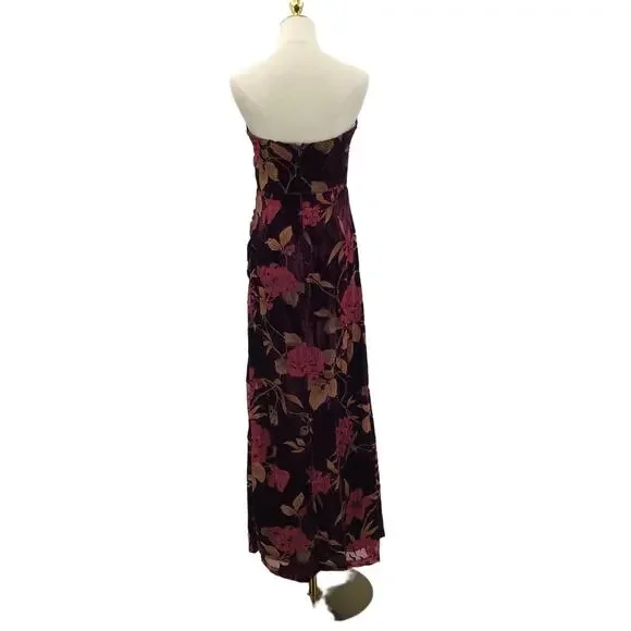 LULU'S SZ S Burgundy Exquisite Floral Burnout Strapless Maxi Dress B26 *flaw - Picture 3 of 9